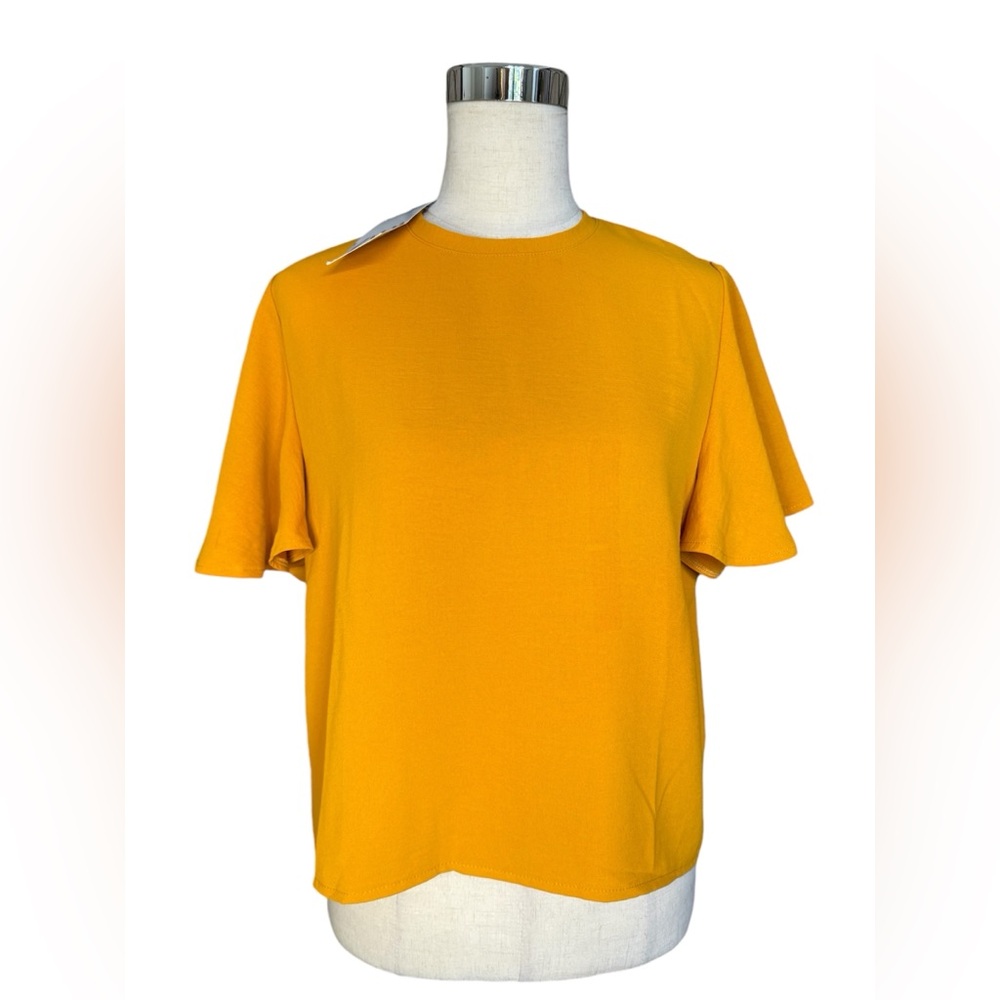 BNWT ZARA Women’s Mustard Yellow Short Sleeved Flared Belle Blouse Shirt Top S